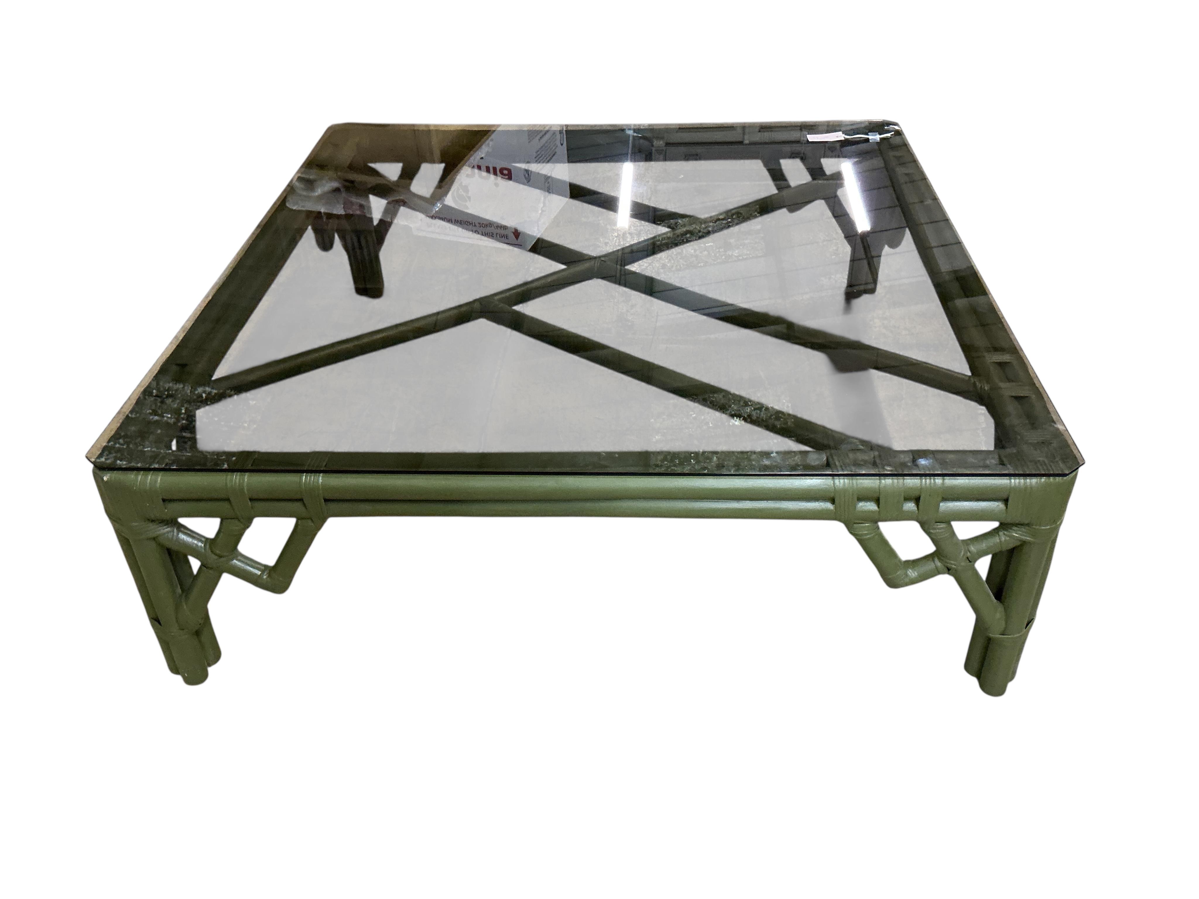 A large painted bamboo square glass topped coffee table, 122cm, height 39cm